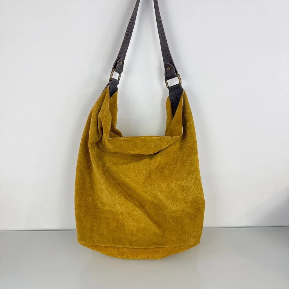 Moda in Italia Hobo Bag Tote Womens Mustard Yellow Suede Leather Slouchy Zip